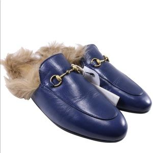 GUCCI- Princetown Blue Leather Lamb Fur